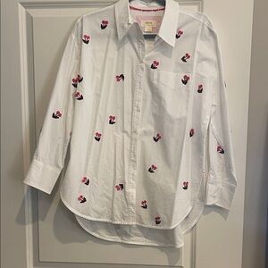 NWT Anthropologie White Button-Up Shirt with Pink & Black Floral Embroidery